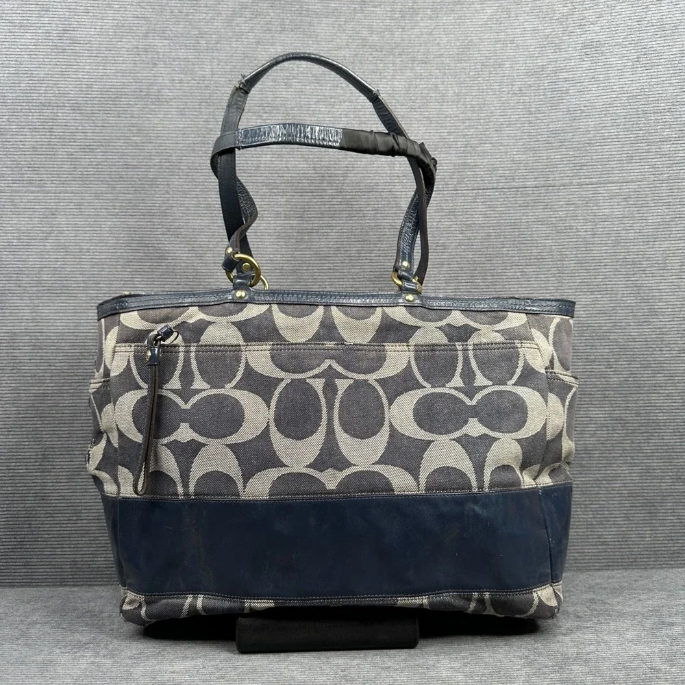 Coach Signature Diaper Bag Tote Navy Blue Grey Canvas Leather 12548 Vtg